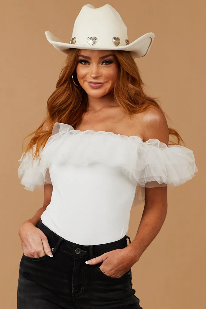White Off the Shoulder Ruffle Mesh Bodysuit sold by Lime Lush