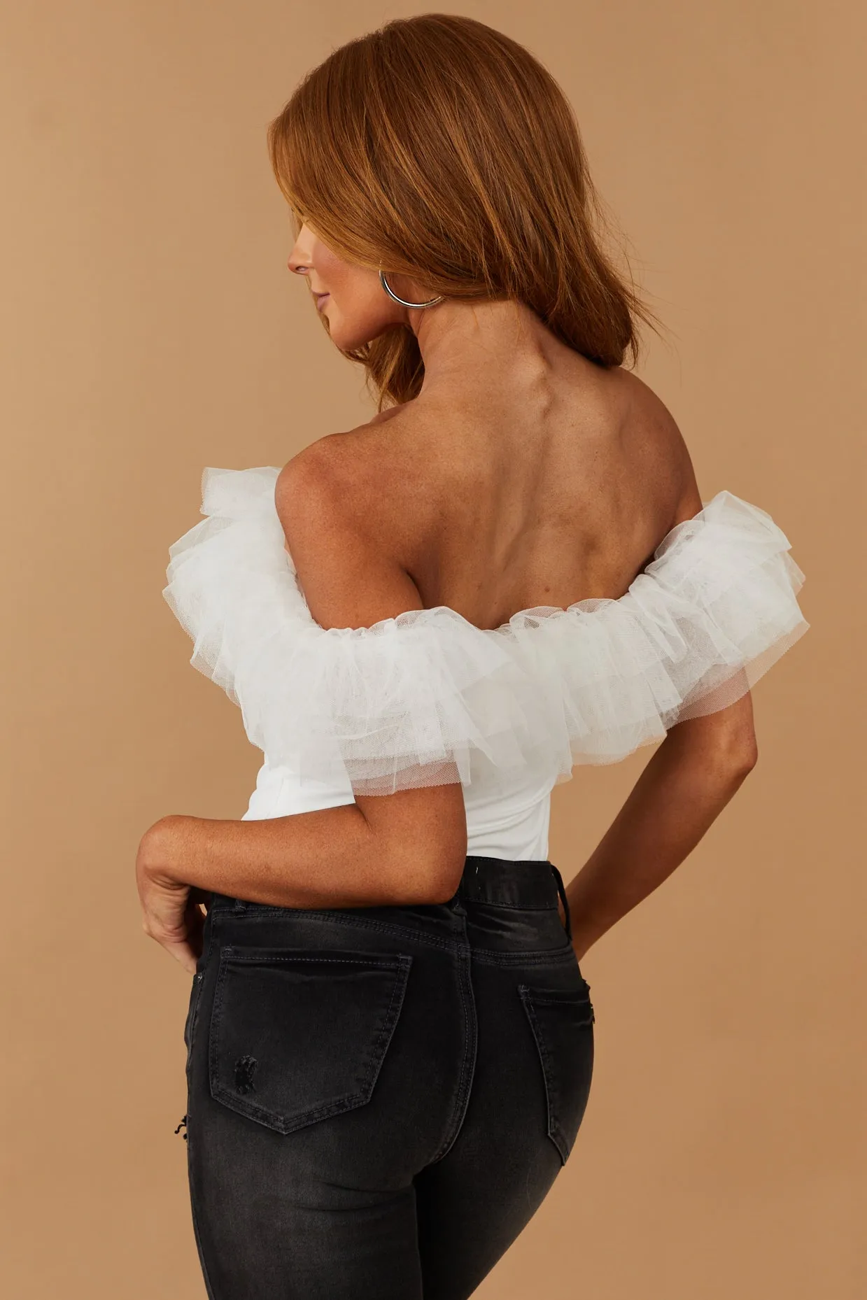 White Off the Shoulder Ruffle Mesh Bodysuit sold by Lime Lush product image thumbnail 5