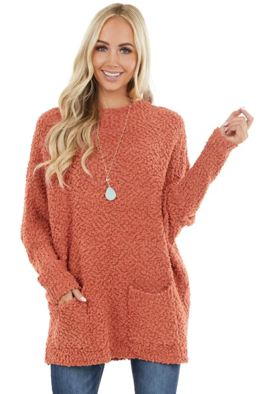 Terracotta Stretchy Knit Long Sweater with Pockets sold by Lime Lush