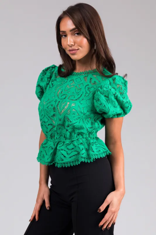 Kelly Green Lace Puff Sleeve Peplum Top sold by Lime Lush