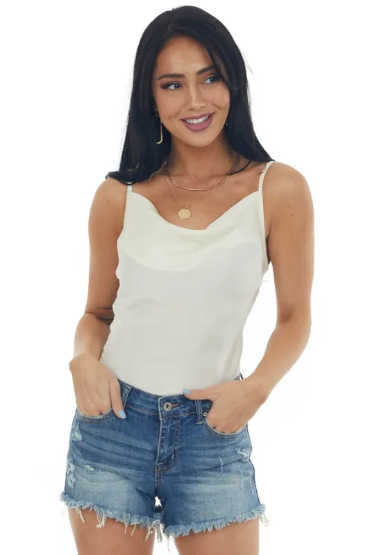 Cream Sheen Draped Neck Adjustable Strap Cami sold by Lime Lush