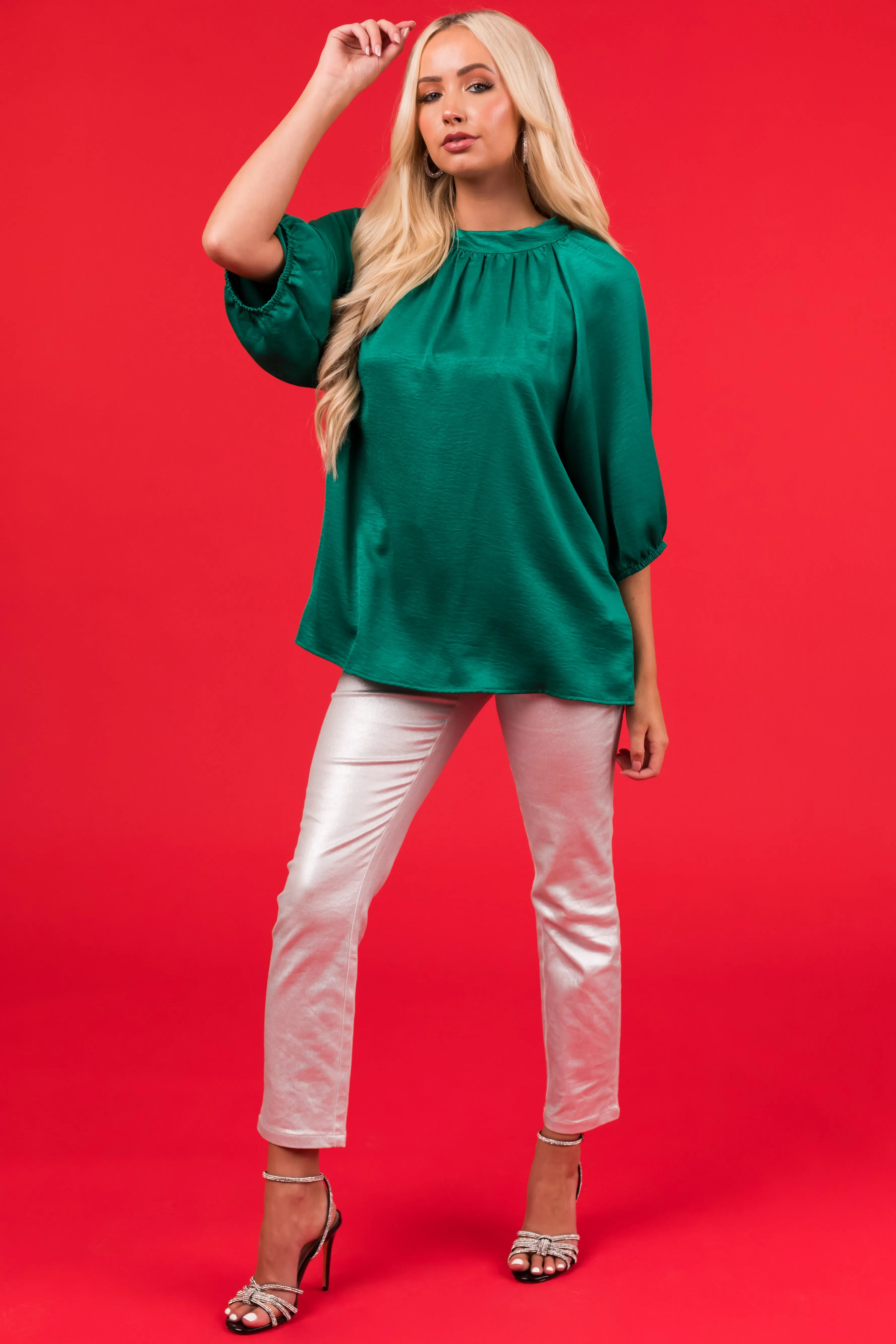 Jade Satin Back Tie Half Sleeve Blouse sold by Lime Lush product image thumbnail 4