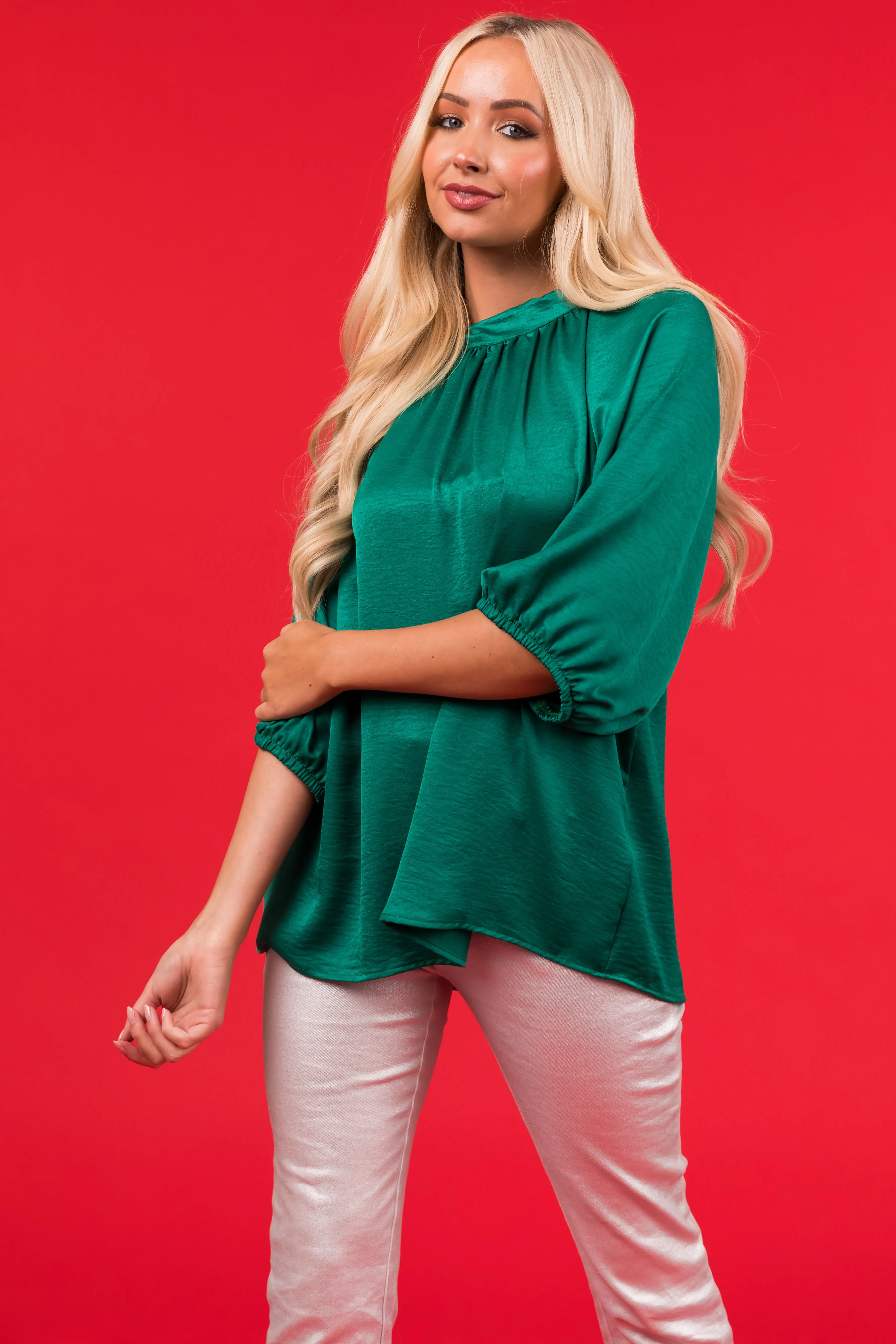 Jade Satin Back Tie Half Sleeve Blouse sold by Lime Lush product image thumbnail 3