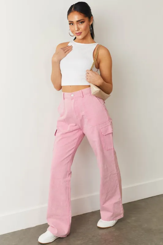 Bubblegum Acid Wash Wide Leg Cargo Pants sold by Lime Lush