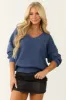 Steel Blue V Neck Long Sleeve Knit Sweater sold by Lime Lush