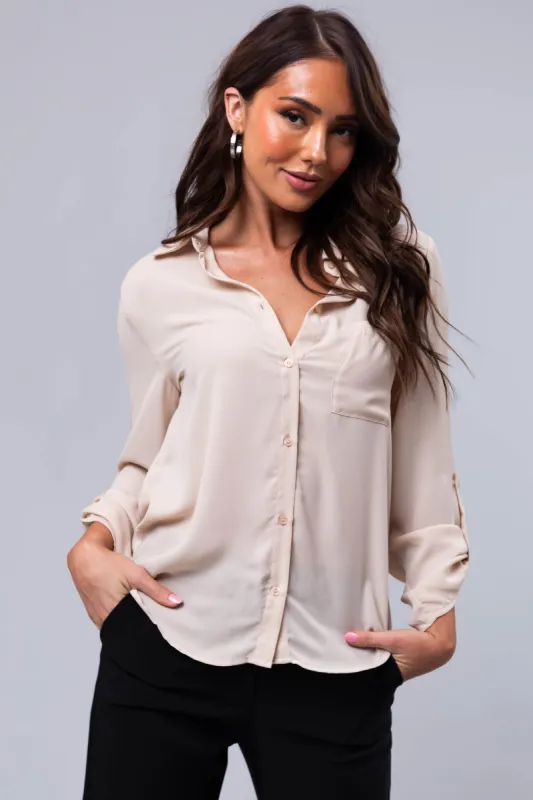 Nude Chest Pocket Collared Blouse sold by Lime Lush