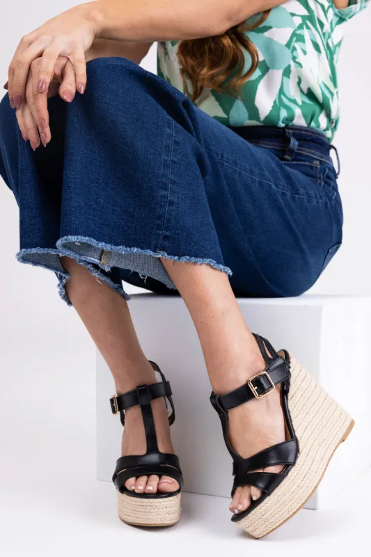 Black Cut Out T Strap Espadrille Platform Wedges sold by Lime Lush