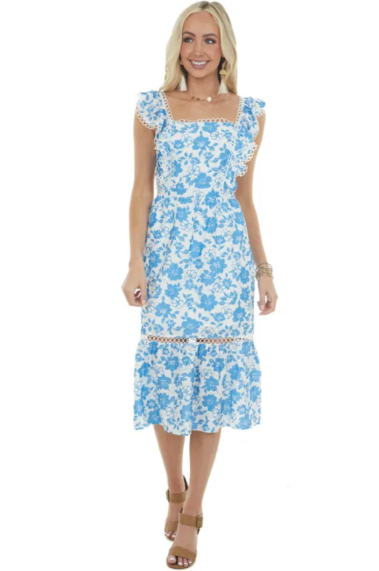 Sapphire Blue Floral Open Back Lace Midi Dress sold by Lime Lush