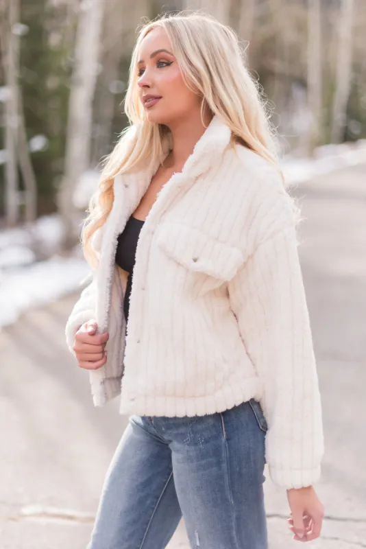 Ivory Soft Sherpa Button Down Jacket made by Timing