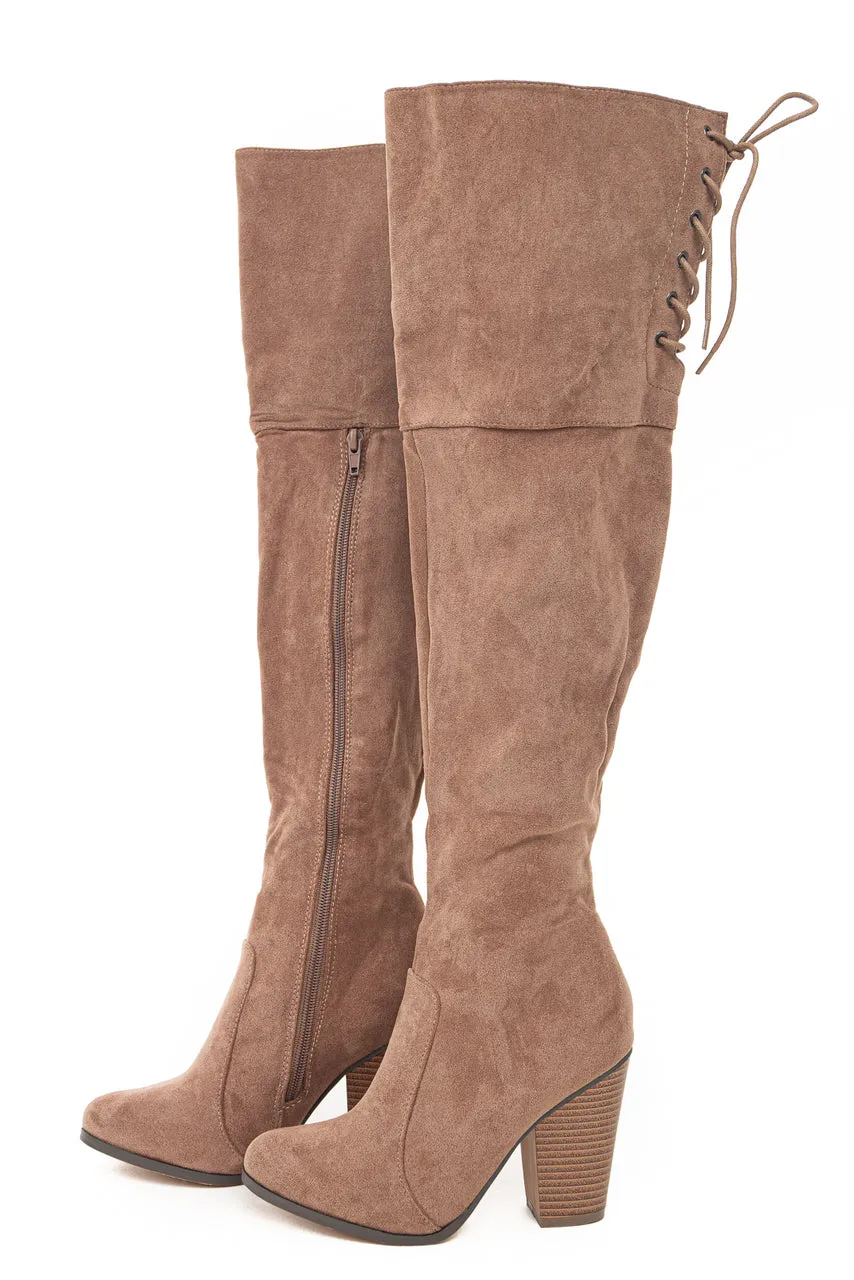 Taupe Over the Knee High Boots with Lace Up Back Detail sold by Lime Lush product image thumbnail 5