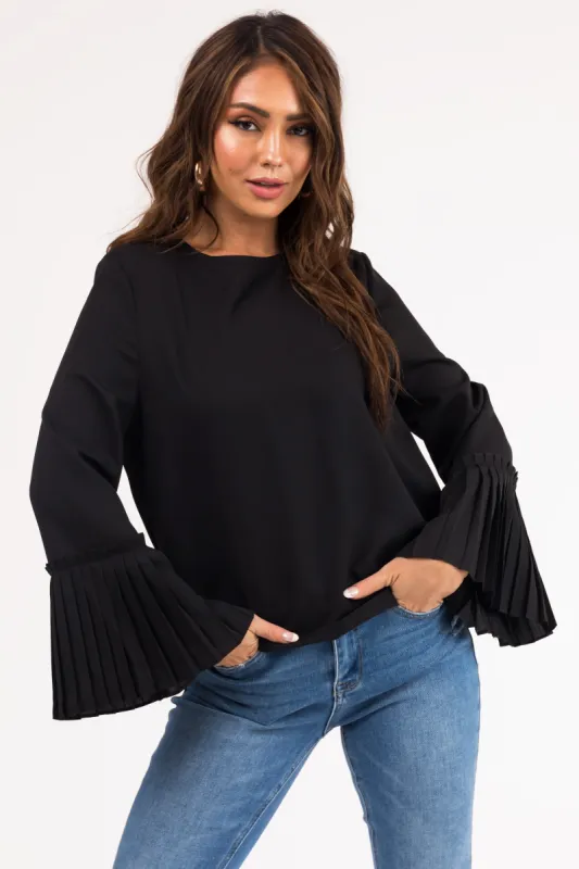 Black Pleated Bell Sleeve Blouse sold by Lime Lush