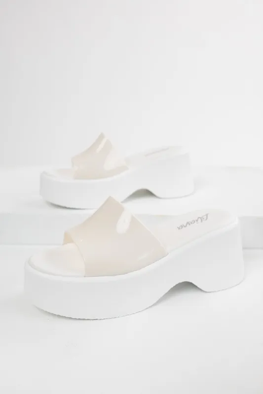 White Single Band Platform Wedge Sandals sold by Lime Lush
