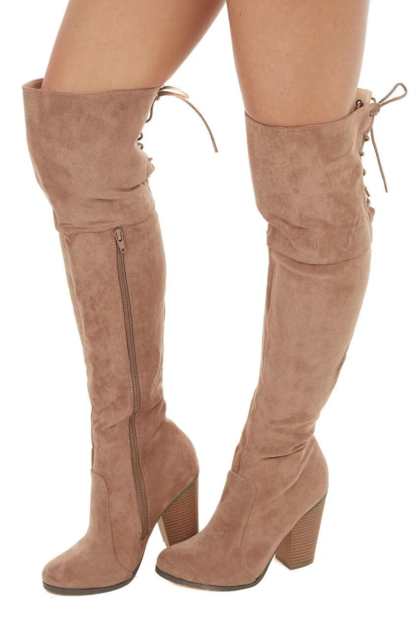 Taupe Over the Knee High Boots with Lace Up Back Detail sold by Lime Lush