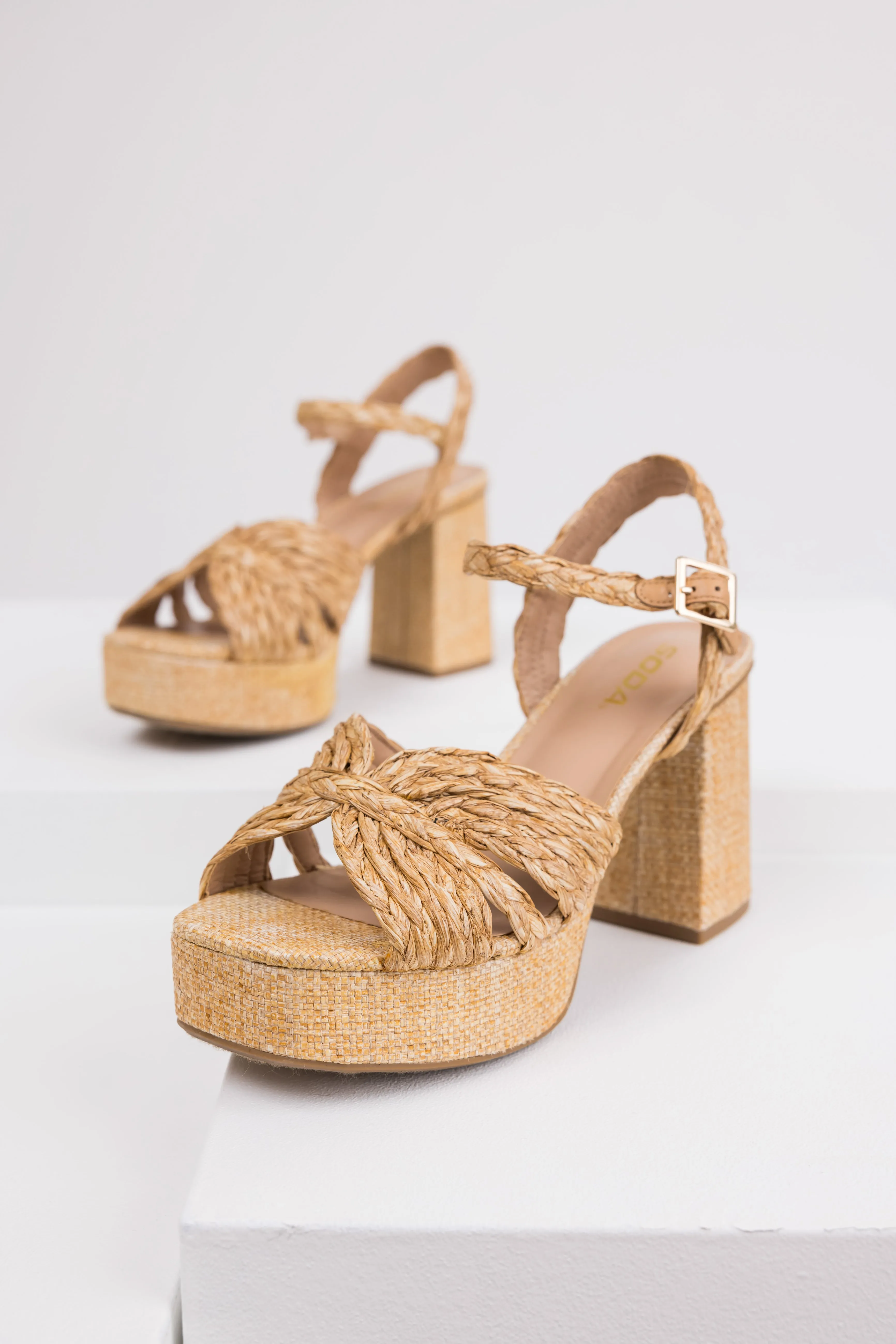 Beige Raffia Open Toe Block Heels sold by Lime Lush