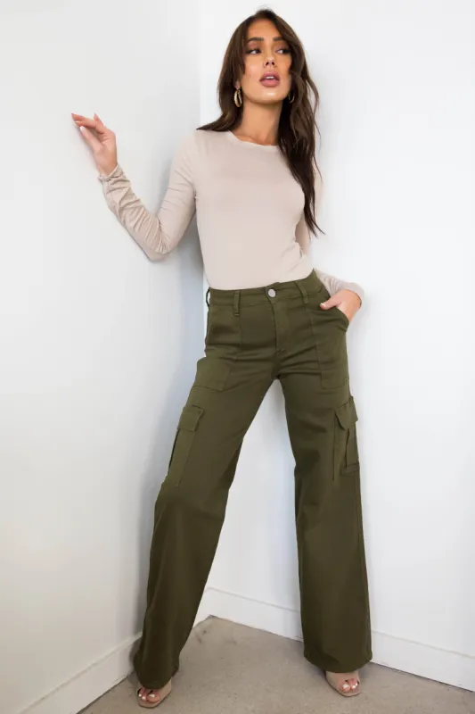 Denim Zone Olive Super Stretchy Cargo Jeans sold by Lime Lush