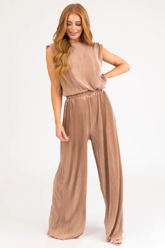 Nude Plisse Elastic Waistband Flowy Pants sold by Lime Lush