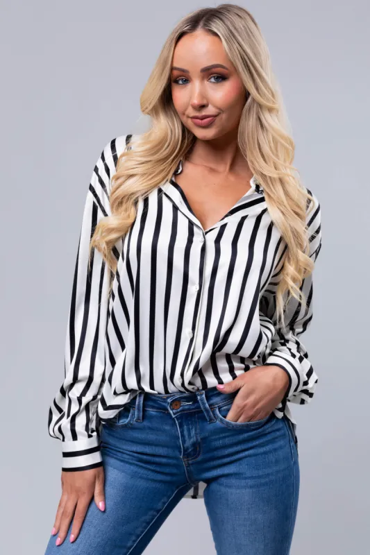 Black and Vanilla Striped Satin Long Sleeve Top sold by Lime Lush