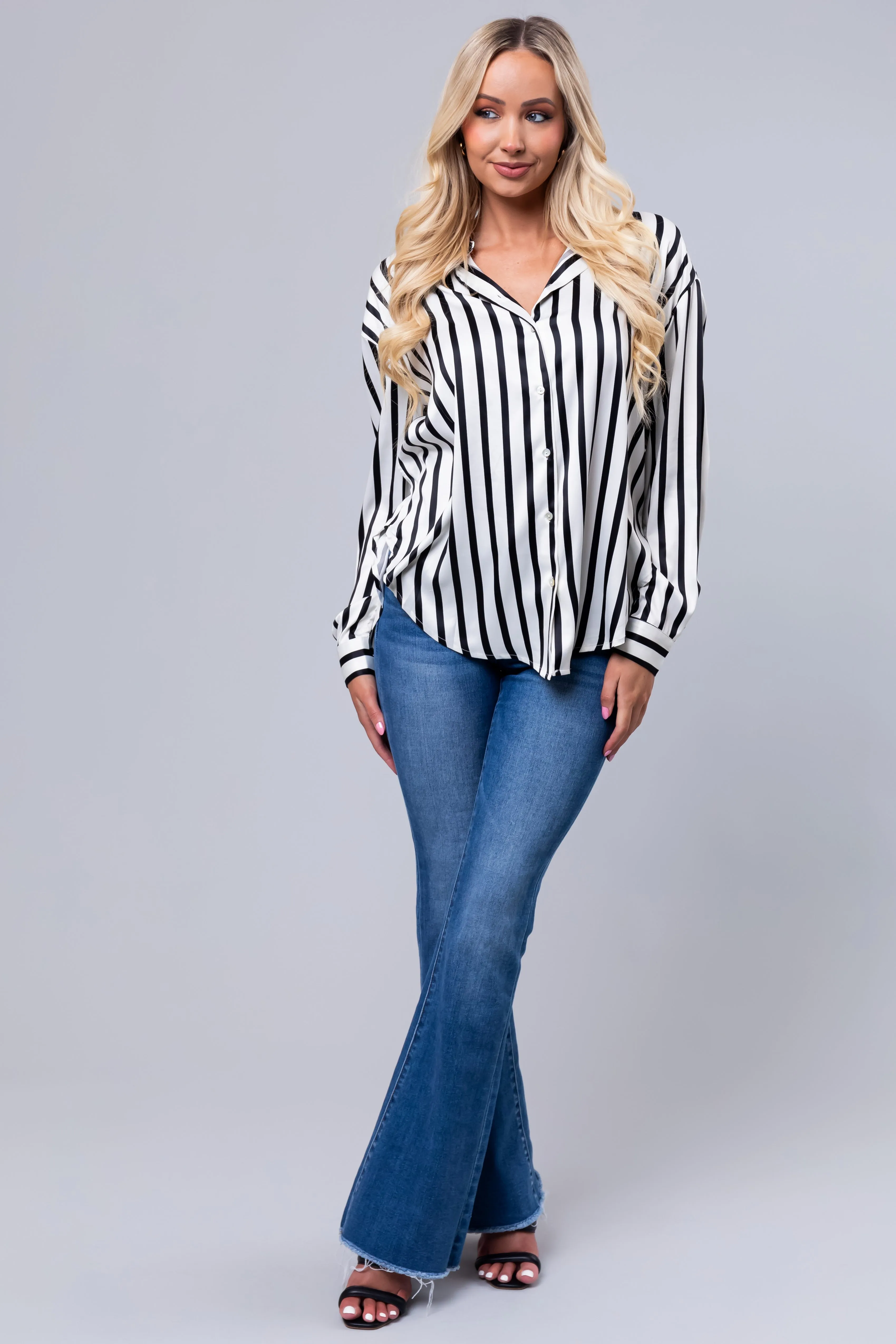 Black and Vanilla Striped Satin Long Sleeve Top sold by Lime Lush product image thumbnail 4