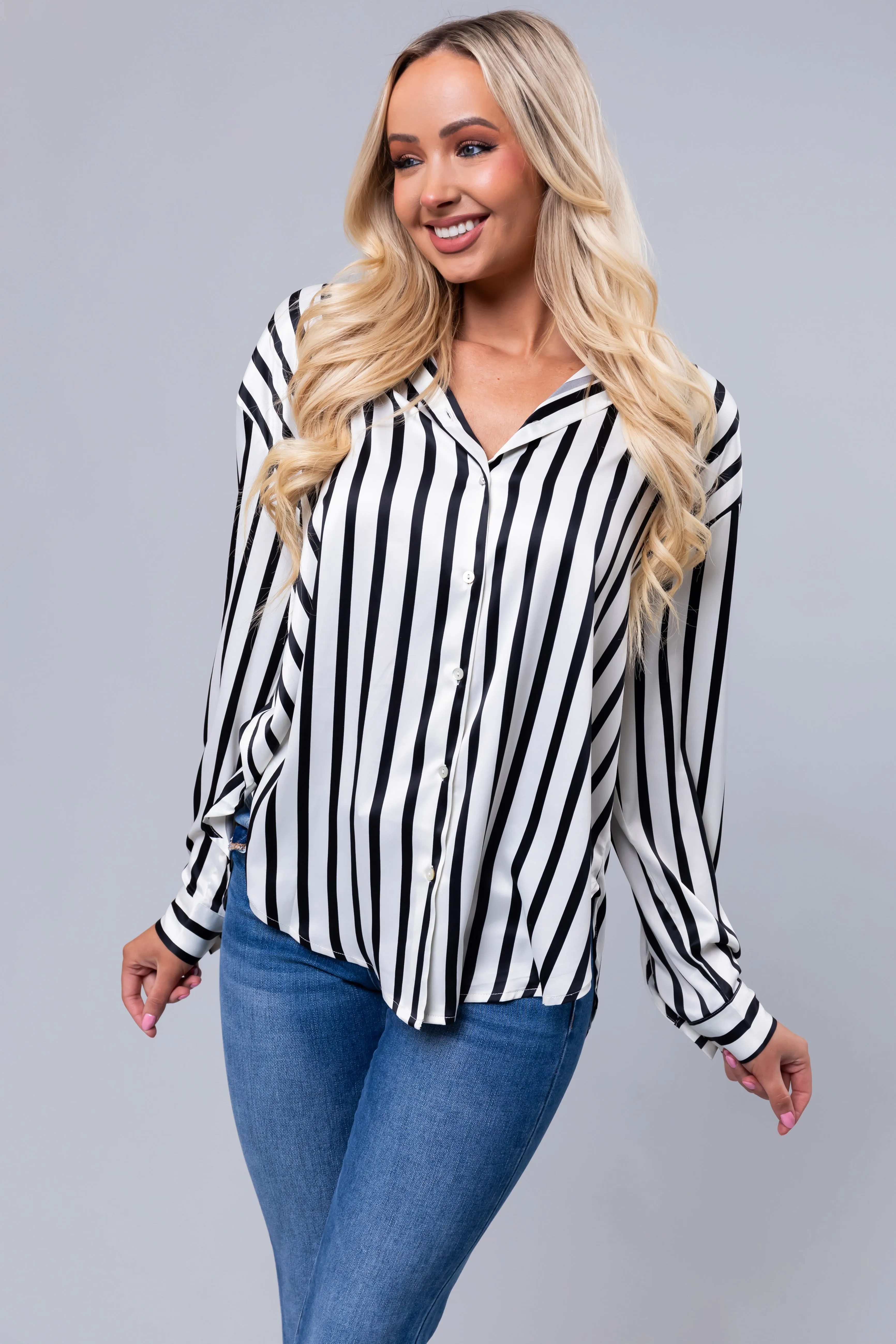 Black and Vanilla Striped Satin Long Sleeve Top sold by Lime Lush product image thumbnail 3