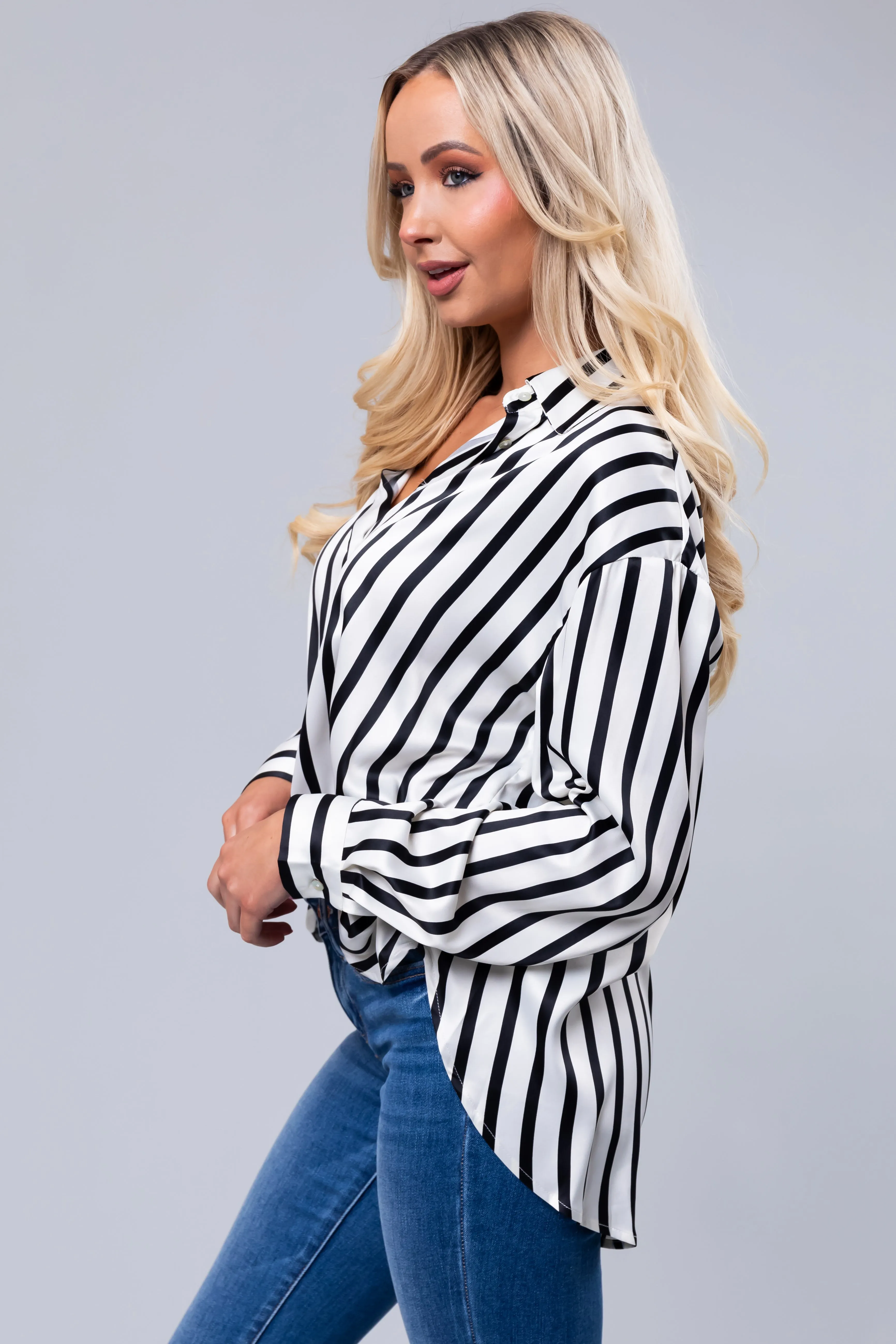 Black and Vanilla Striped Satin Long Sleeve Top sold by Lime Lush product image thumbnail 5