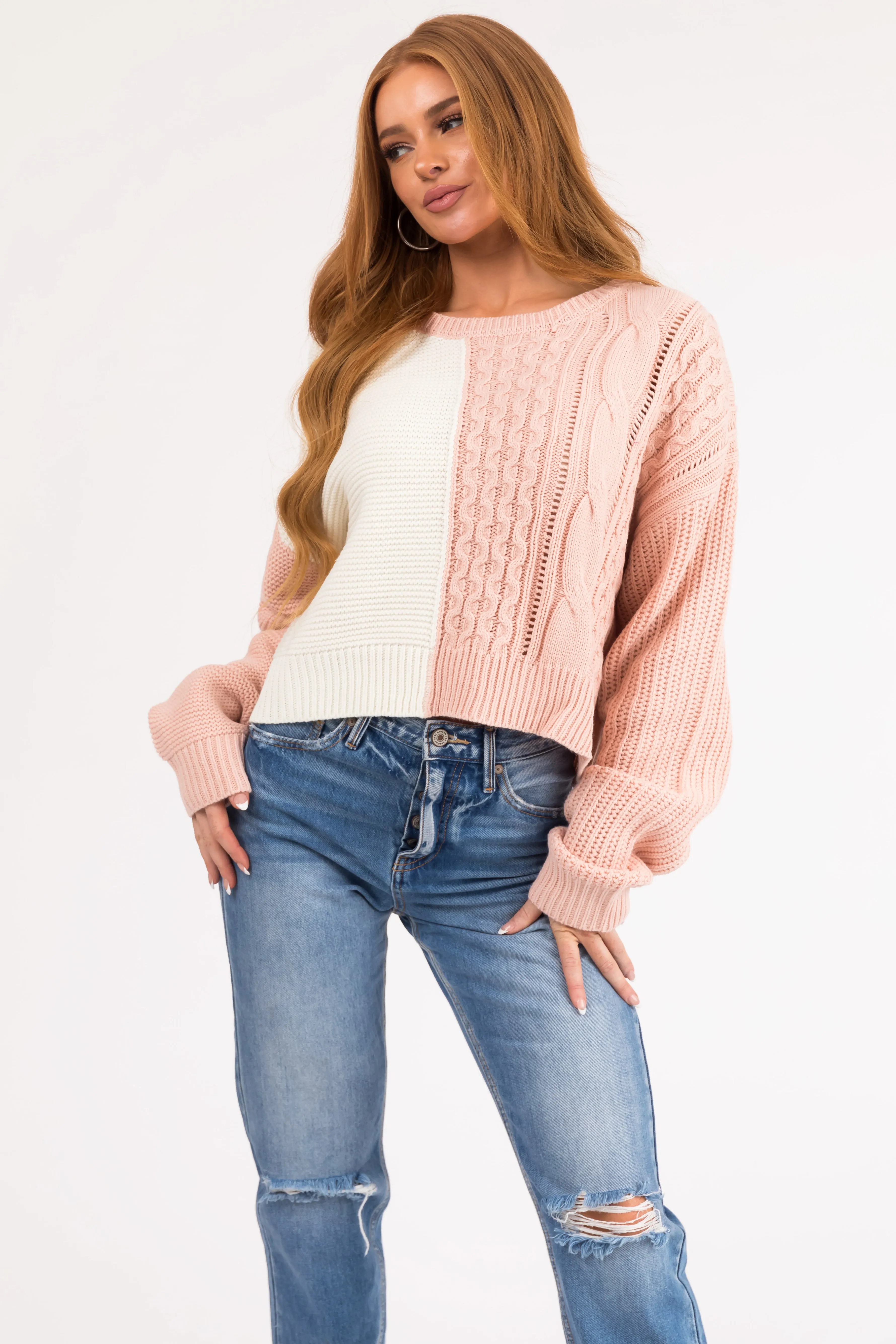 Carnation and Ivory Colorblock Cable Knit Sweater sold by Lime Lush product image thumbnail 2