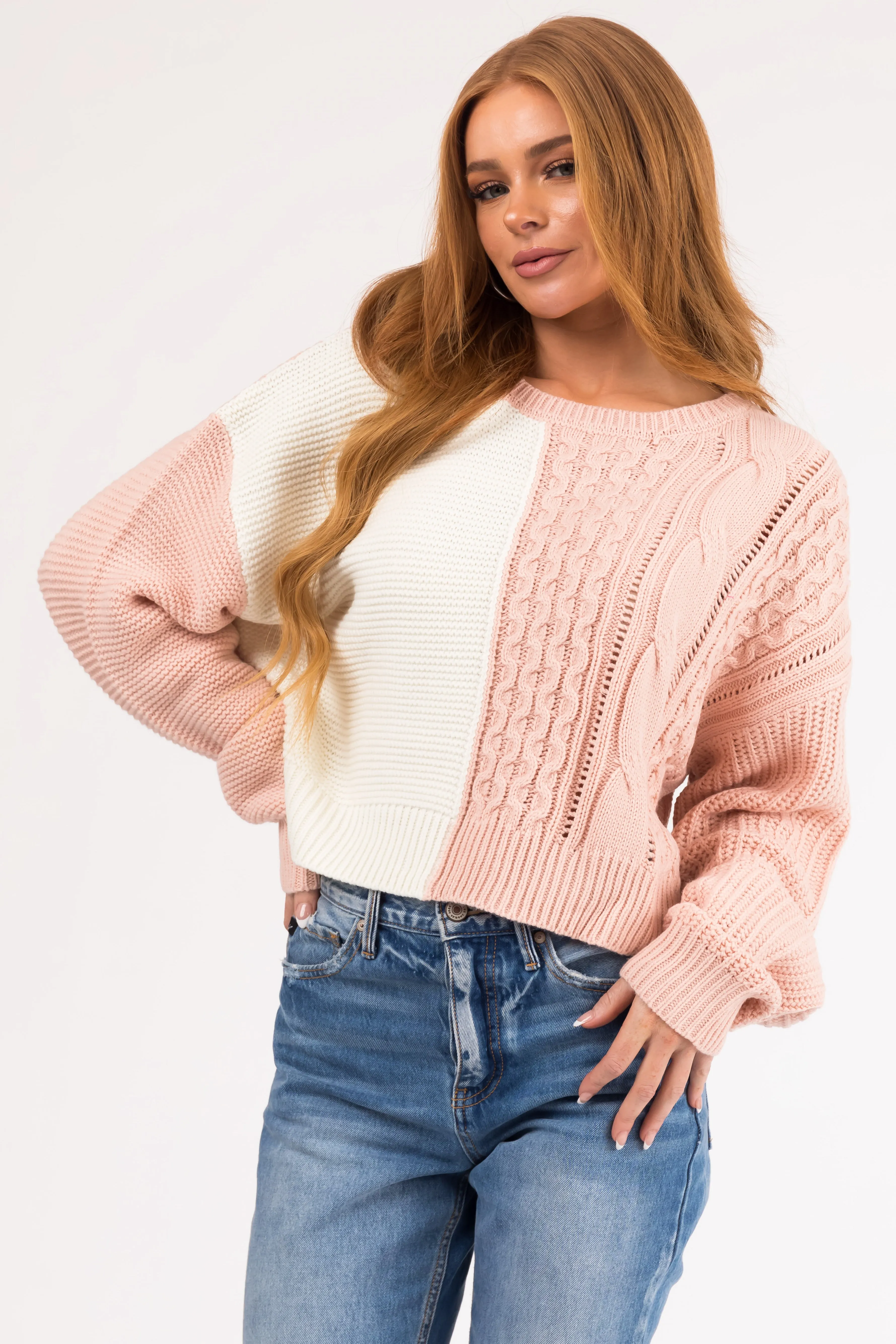 Carnation and Ivory Colorblock Cable Knit Sweater sold by Lime Lush