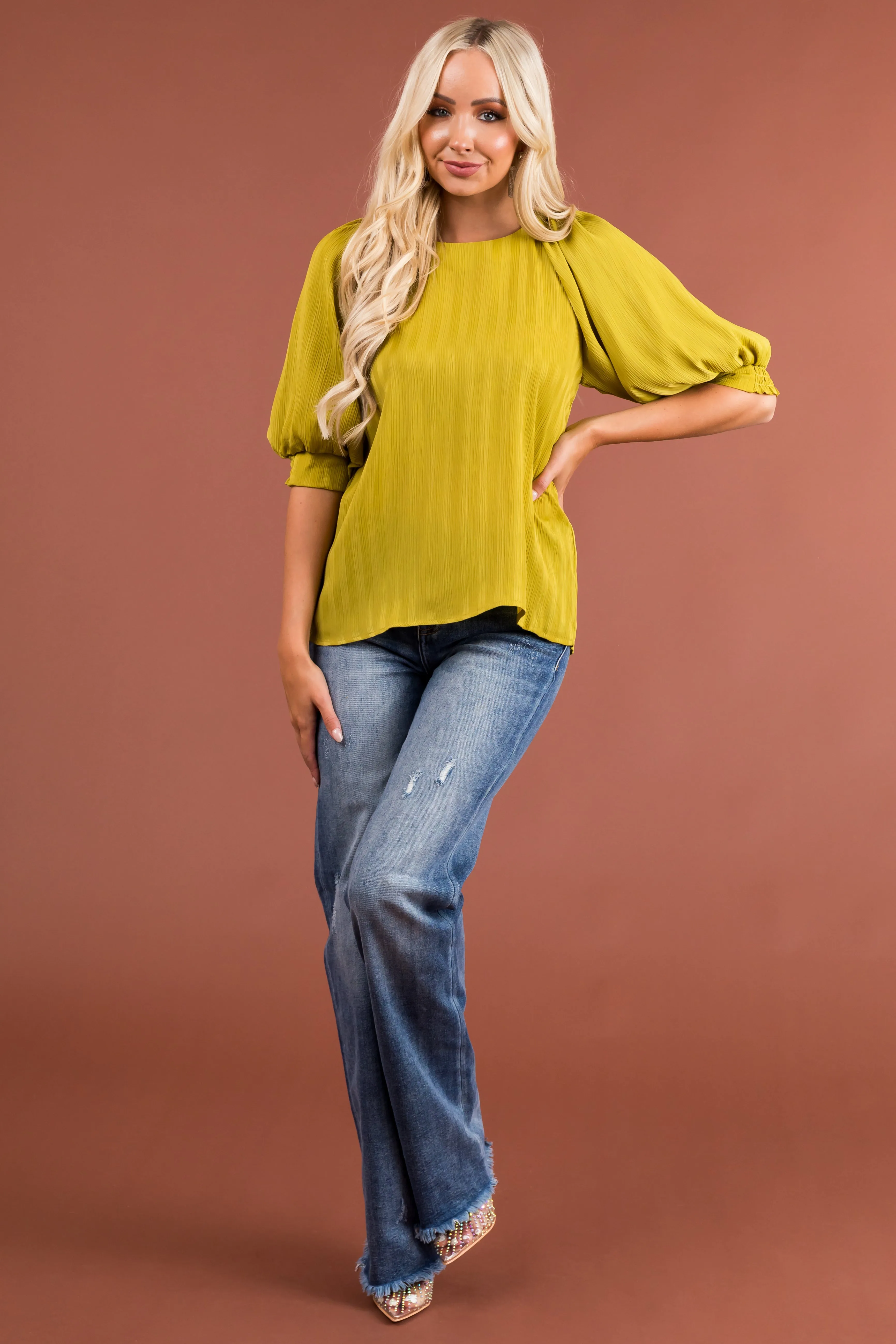 Pistachio Textured Ribbed Half Sleeve Blouse sold by Lime Lush product image thumbnail 2