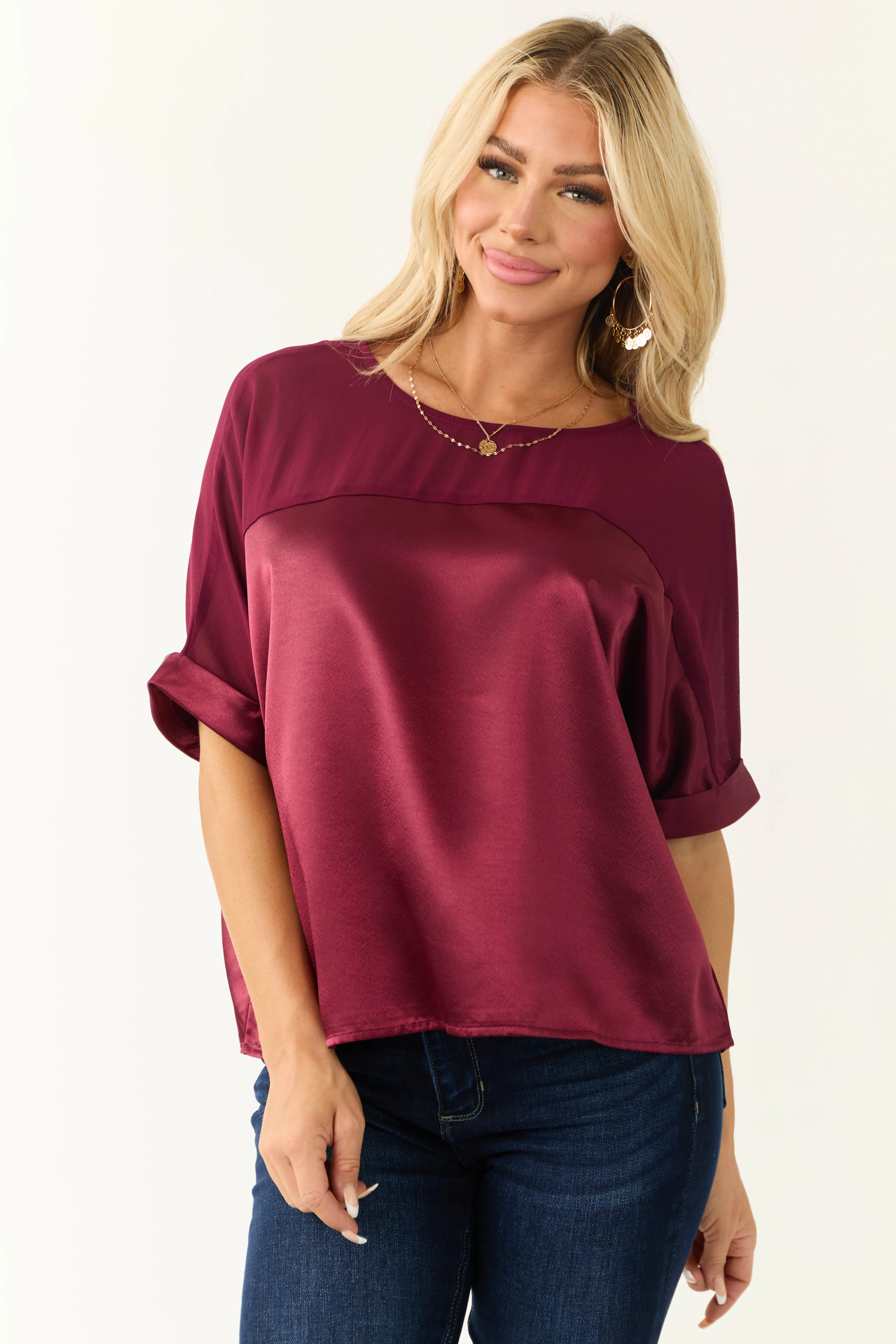 Wine Contrast Yoke Cuffed Sleeve Satin Blouse sold by Lime Lush