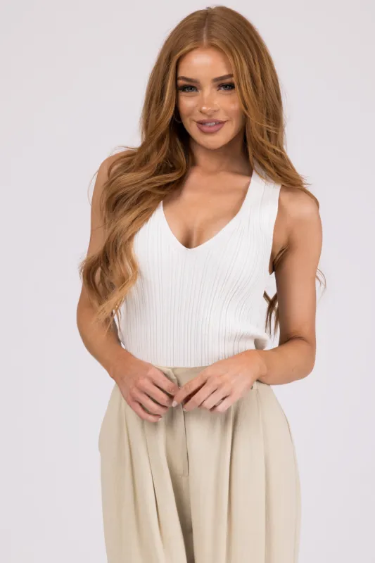 Flying Tomato Ivory V Neck Ribbed Knit Fitted Tank Top sold by Lime Lush