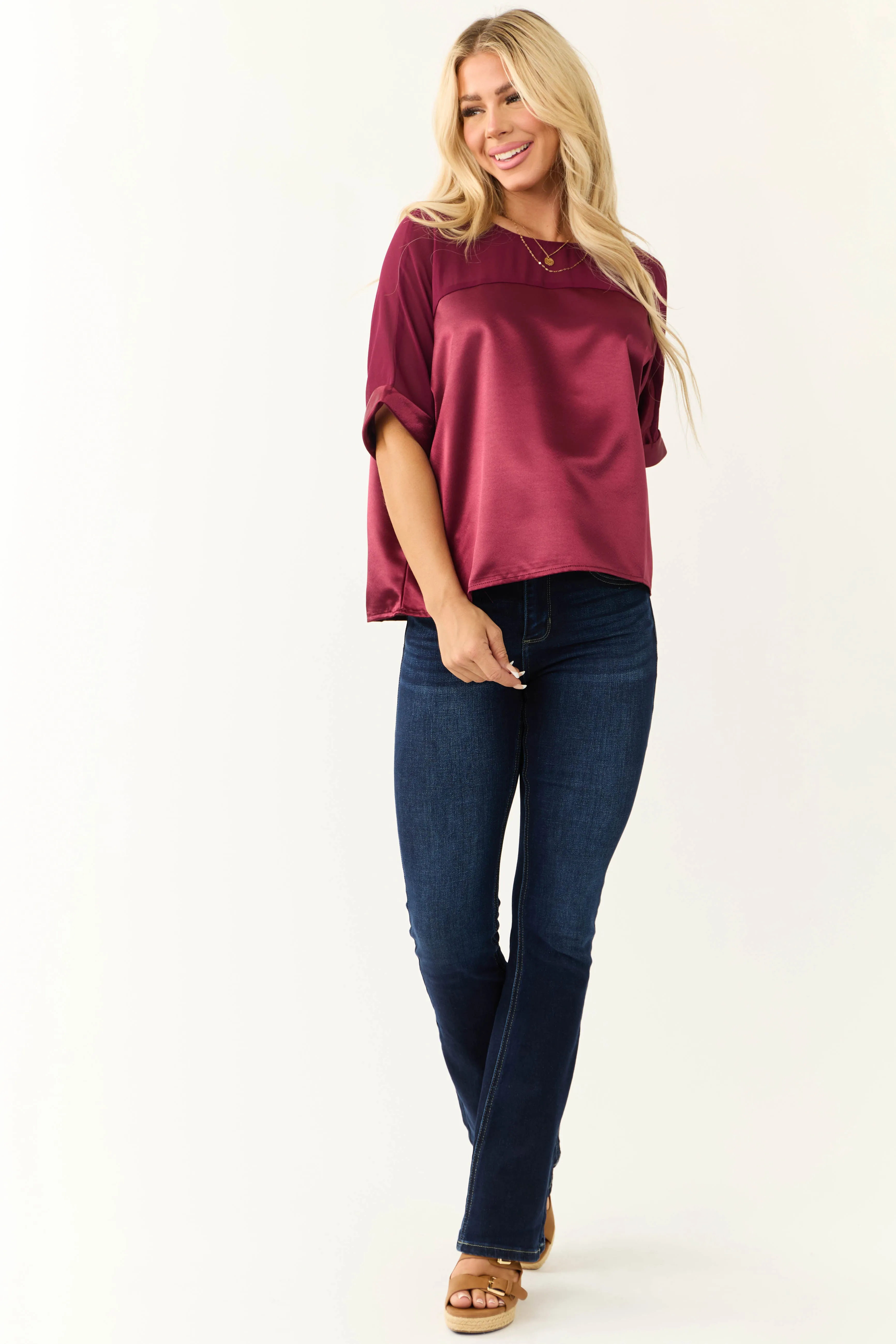 Wine Contrast Yoke Cuffed Sleeve Satin Blouse sold by Lime Lush product image thumbnail 2
