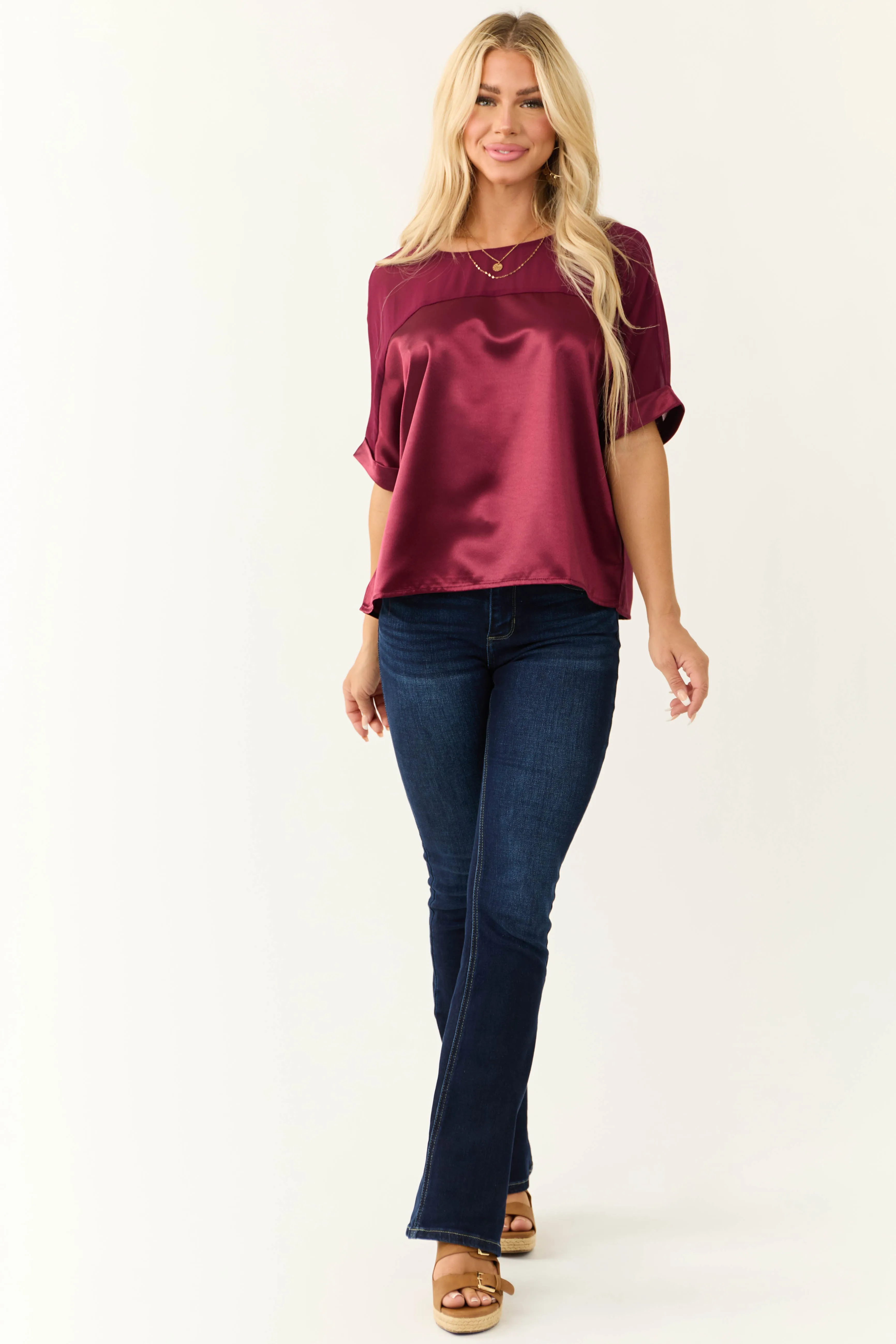 Wine Contrast Yoke Cuffed Sleeve Satin Blouse sold by Lime Lush product image thumbnail 3