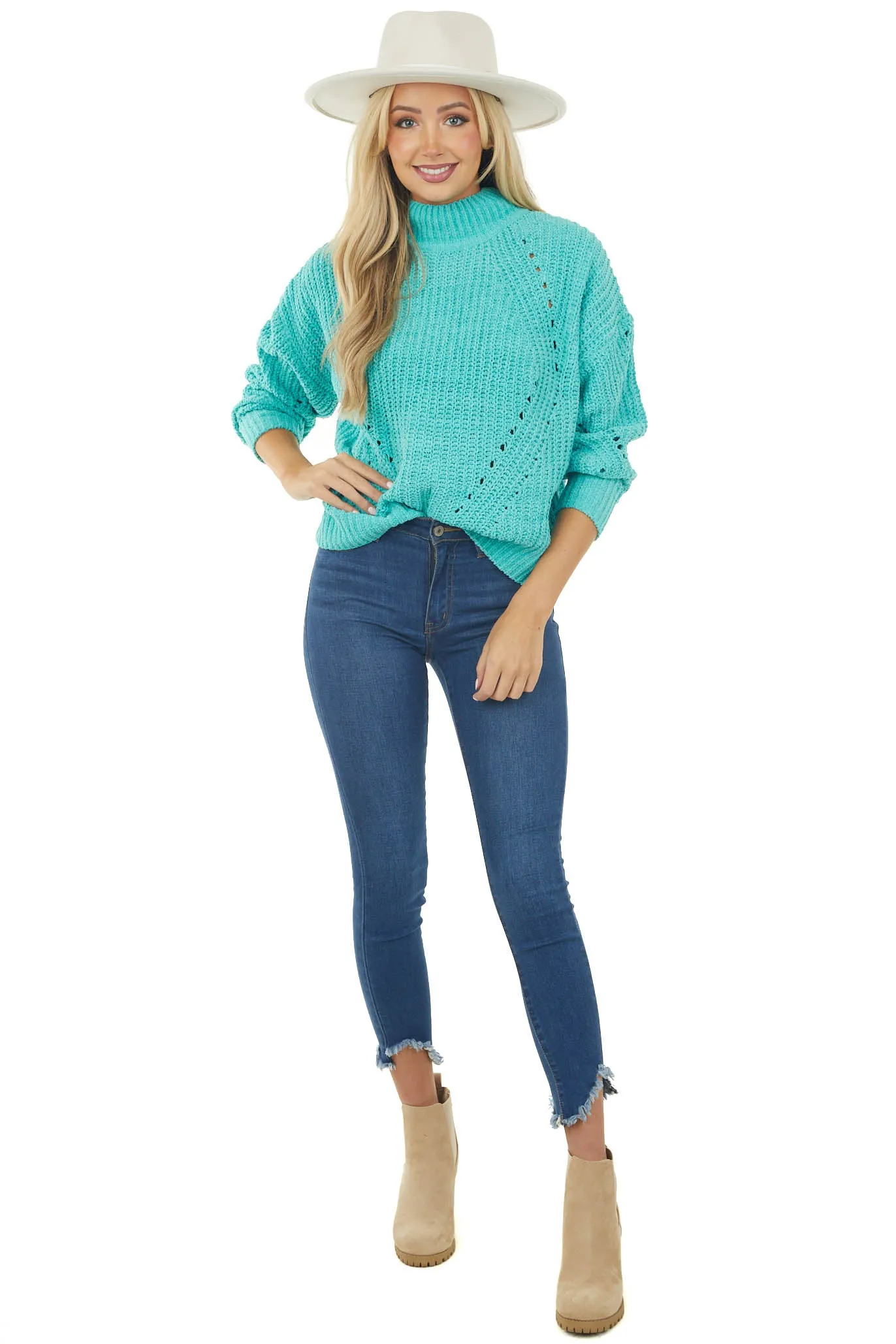 Turquoise Mock Neck Pointelle Chenille Sweater sold by Lime Lush product image thumbnail 3