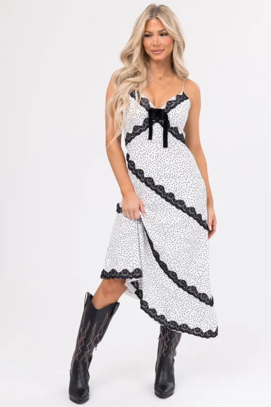Black and White Polka Dot Lace Midi Dress sold by Lime Lush