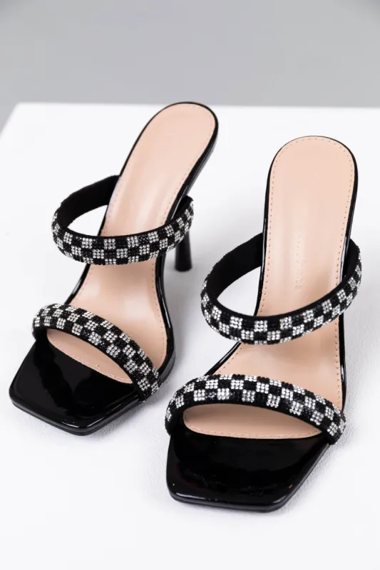 Black and Silver Checkered Rhinestone High Heels sold by Lime Lush