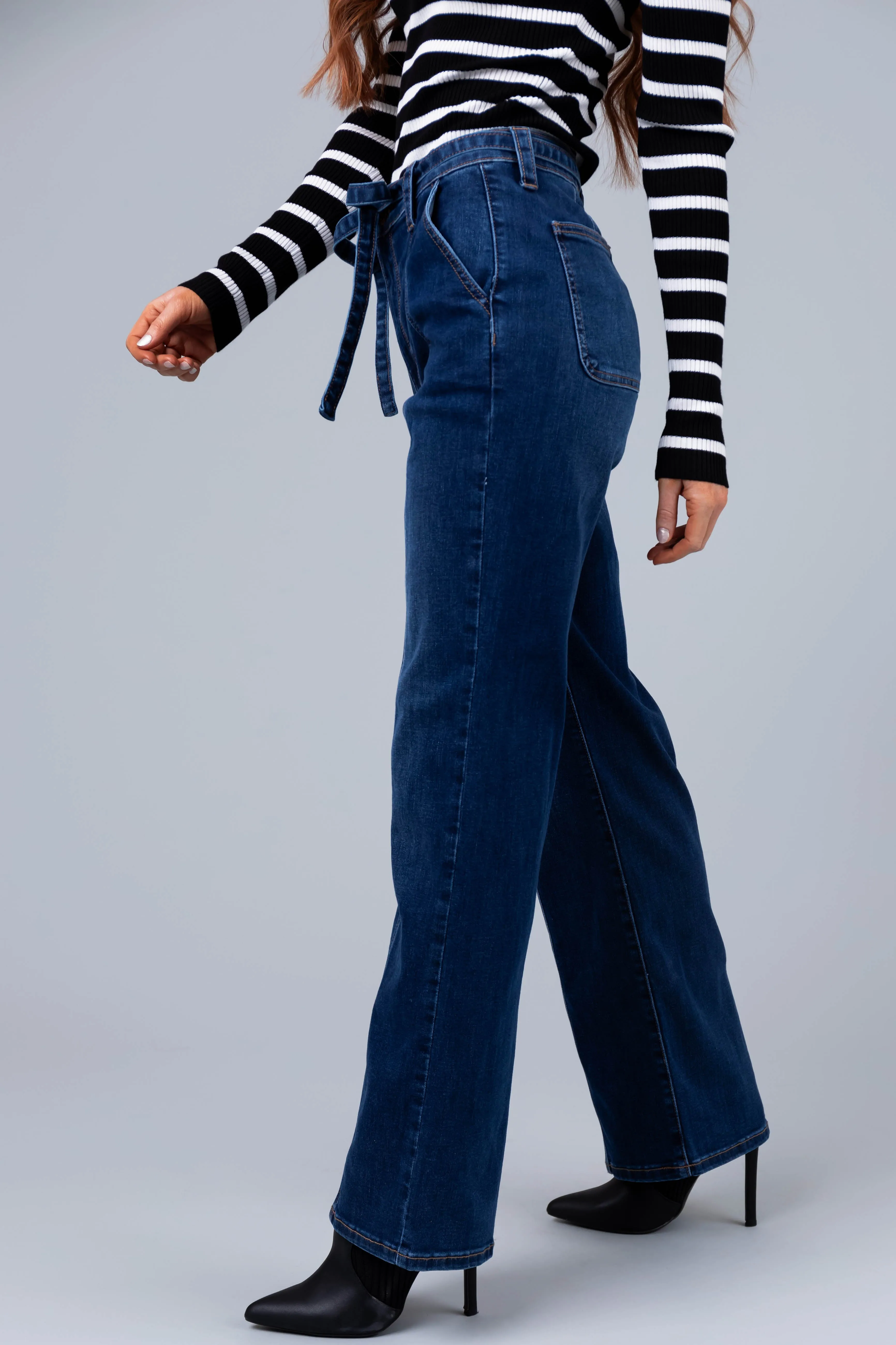 Sneak Peek Dark Wash High Rise Denim Tie Jeans sold by Lime Lush product image thumbnail 3