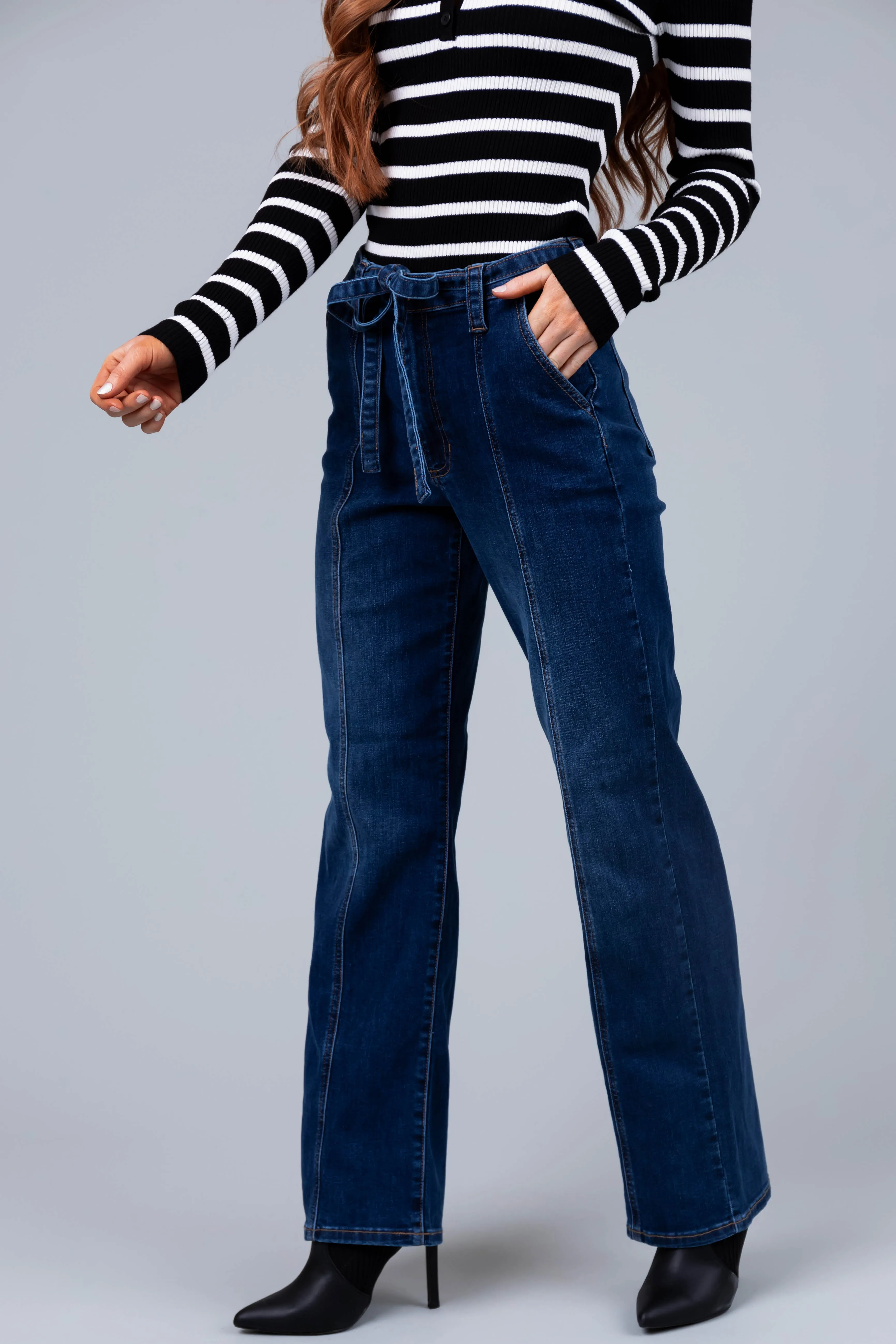 Sneak Peek Dark Wash High Rise Denim Tie Jeans sold by Lime Lush product image thumbnail 2