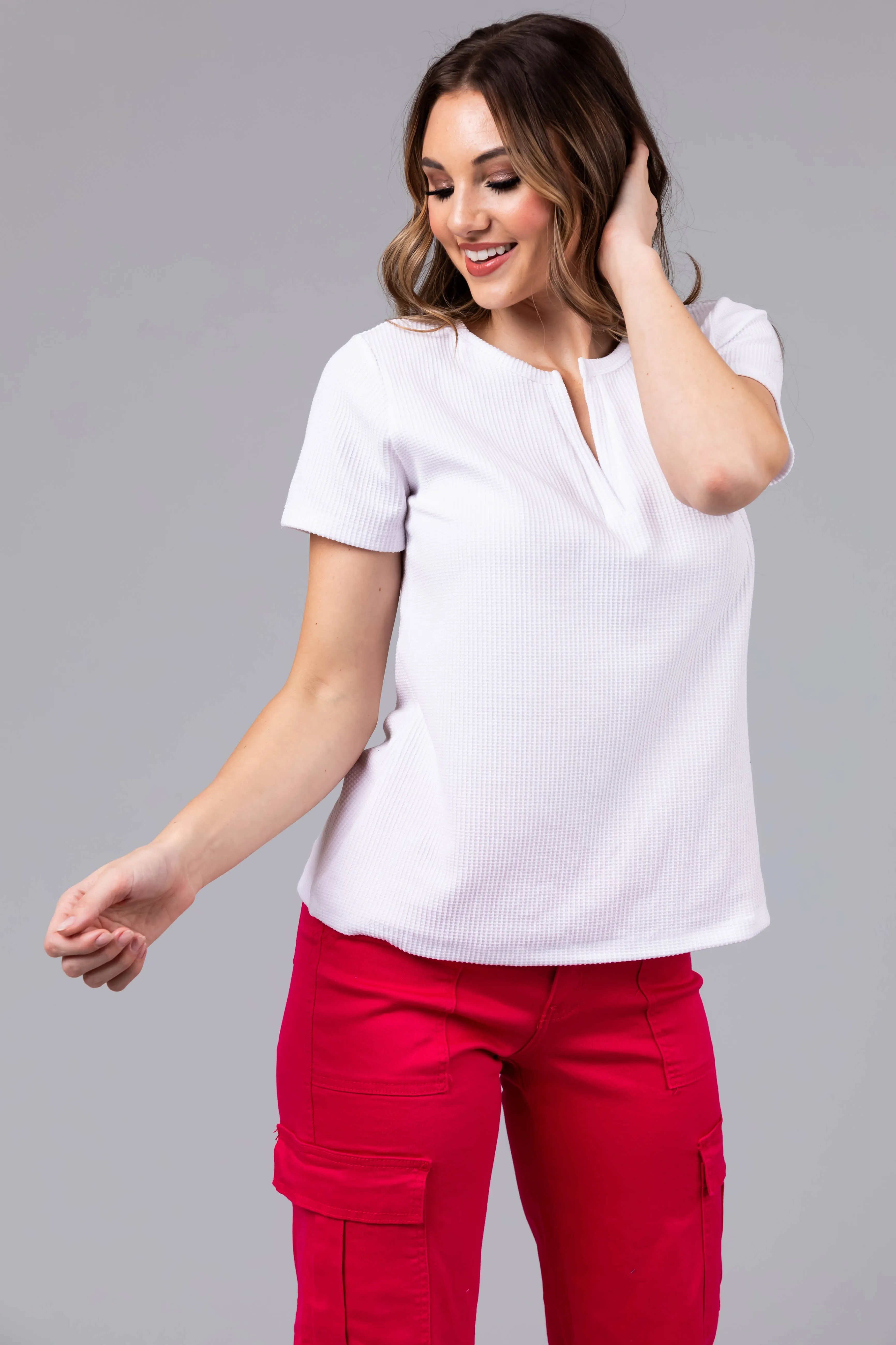White Notch Neck Short Sleeve Waffle Knit Top sold by Lime Lush product image thumbnail 2