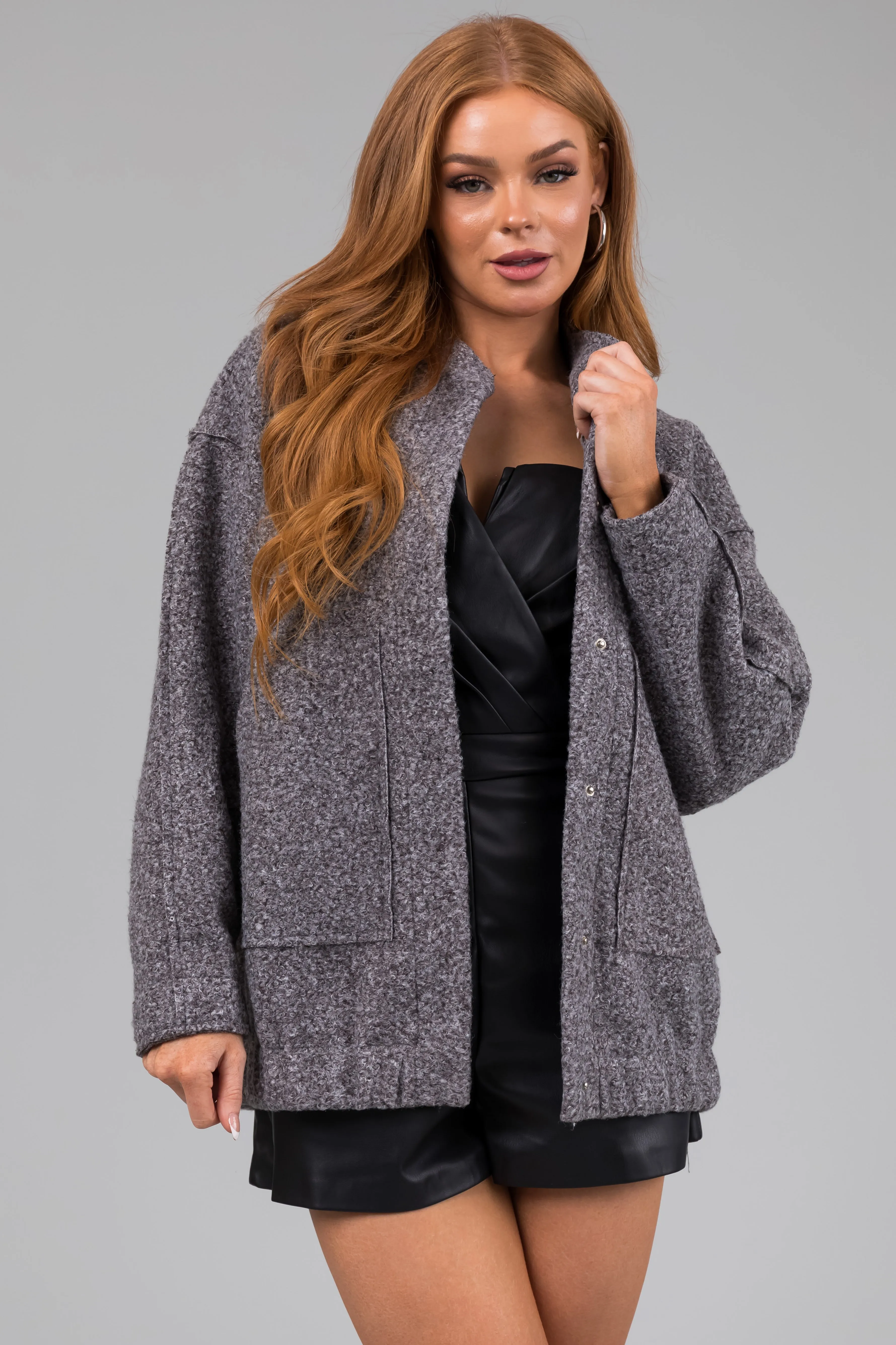 Steel Textured Long Sleeve Collared Jacket sold by Lime Lush