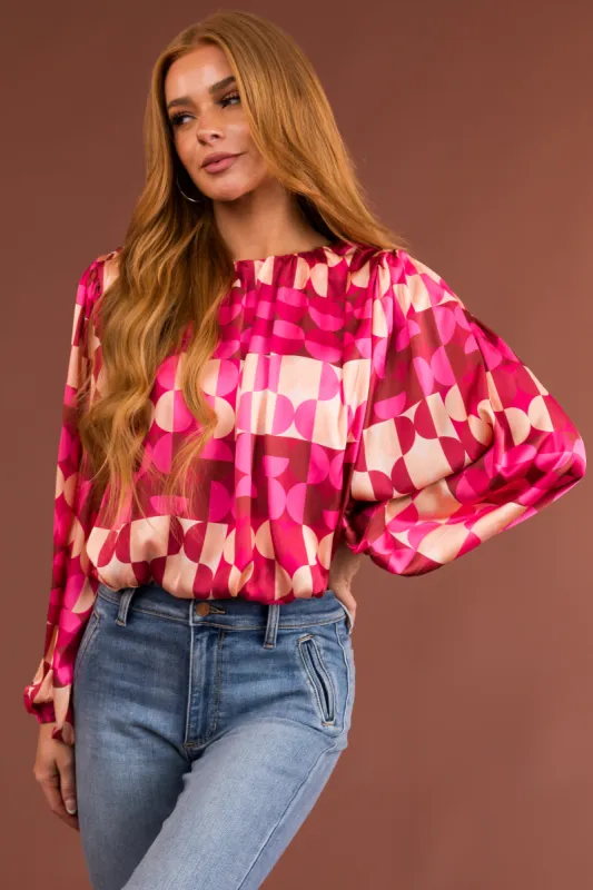 Flying Tomato Raspberry Abstract Print Woven Long Sleeve Top sold by Lime Lush