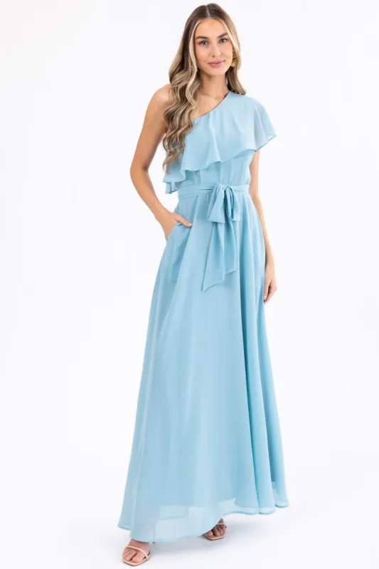 Arctic Blue One Shoulder Ruffle Maxi Dress sold by Lime Lush