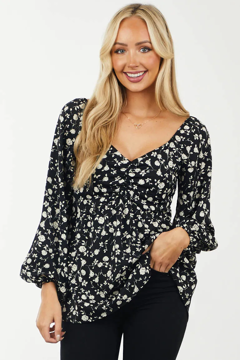 Black Floral Print Bubble Sleeve Blouse sold by Lime Lush