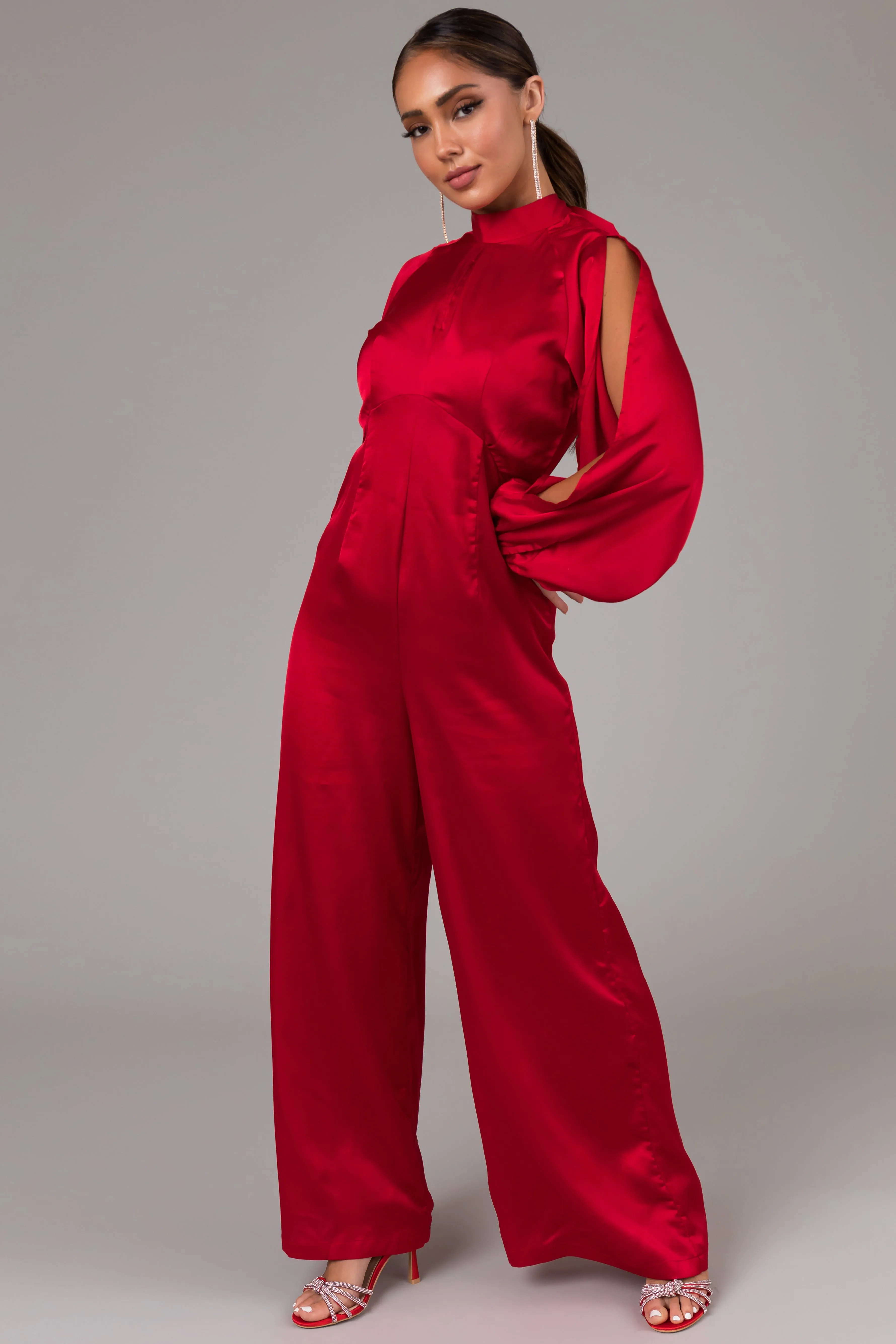 Cranberry Long Sleeves with Slits Jumpsuit sold by Lime Lush