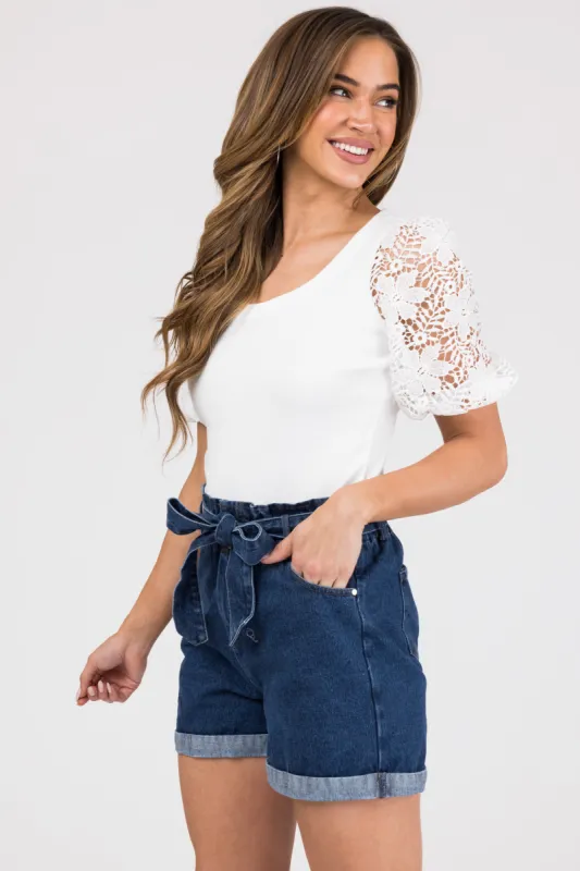White Crochet Puff Sleeve Ribbed Knit Top sold by Lime Lush