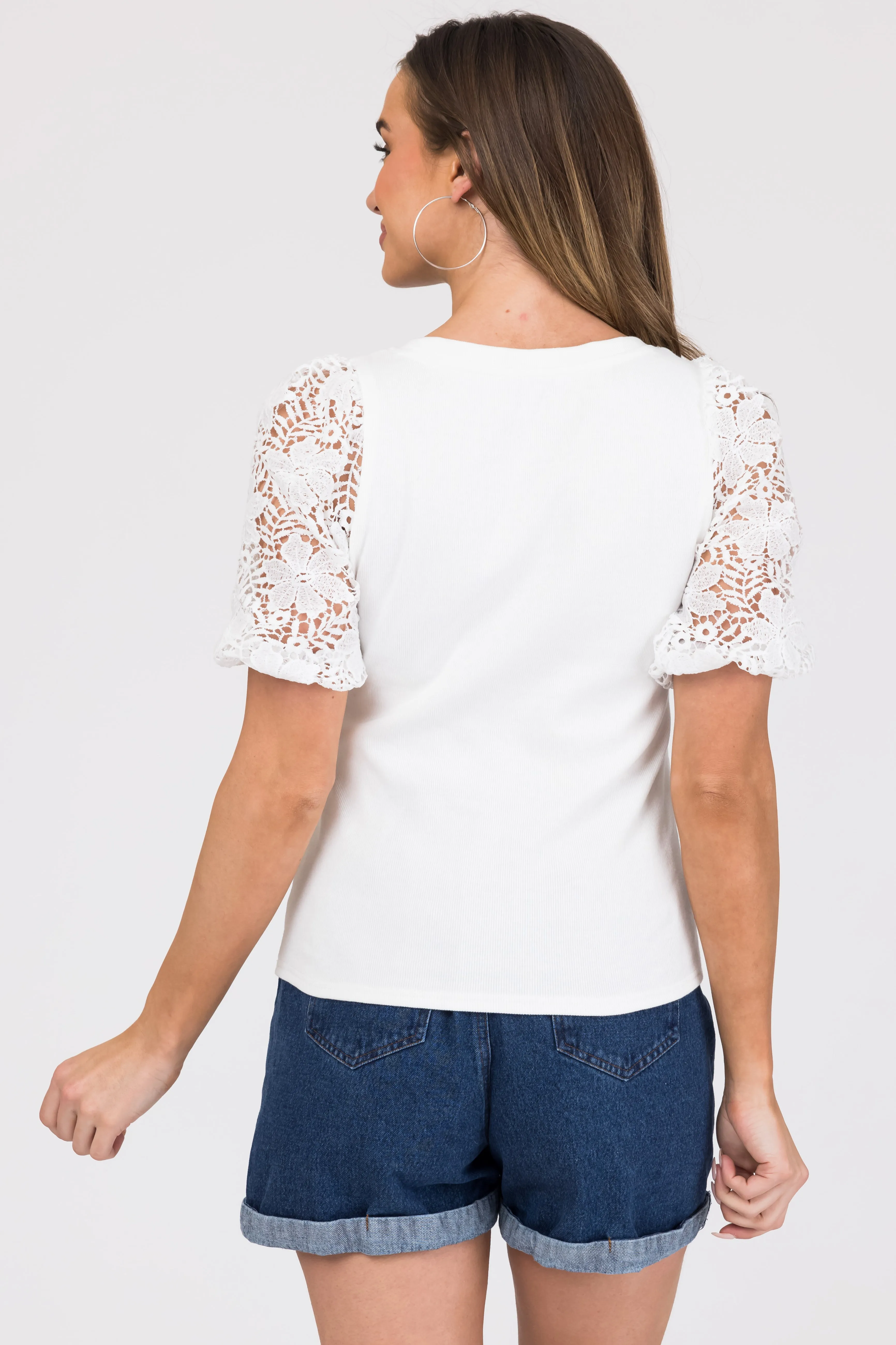 White Crochet Puff Sleeve Ribbed Knit Top sold by Lime Lush product image thumbnail 4
