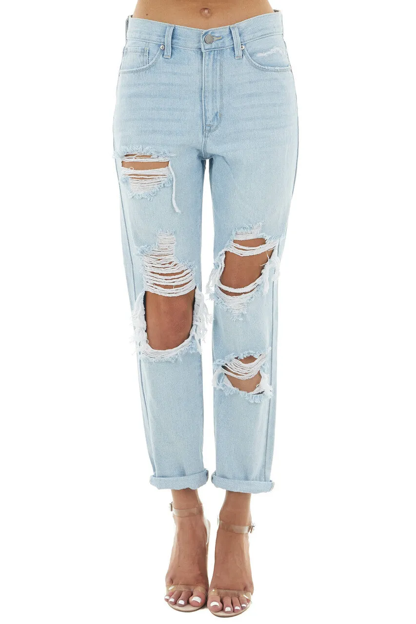 Just Panmaco Light Wash High Rise Boyfriend Distressed Jeans sold by Lime Lush product image thumbnail 5