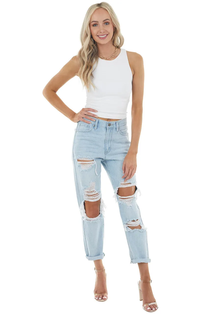 Just Panmaco Light Wash High Rise Boyfriend Distressed Jeans sold by Lime Lush product image thumbnail 4