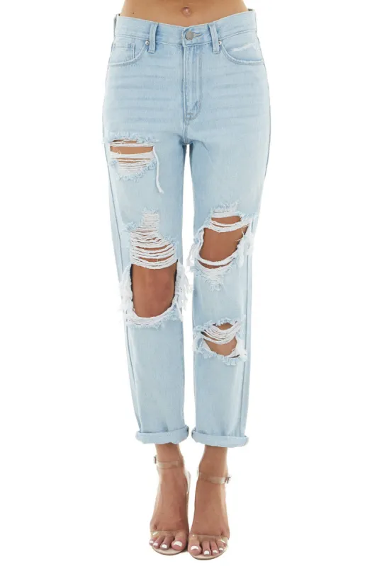 Just Panmaco Light Wash High Rise Boyfriend Distressed Jeans sold by Lime Lush