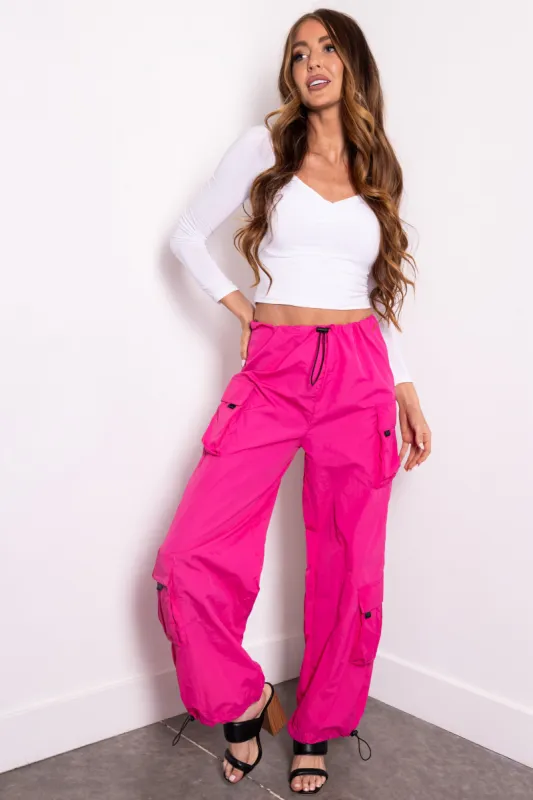 Magenta Drawstring Cargo Parachute Pants sold by Lime Lush