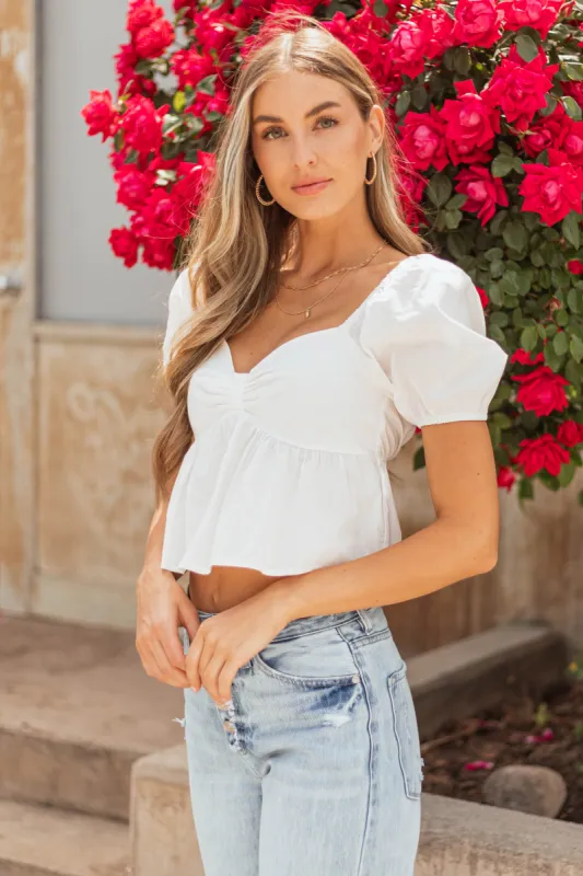 White Poplin Short Puff Sleeve Top sold by Lime Lush