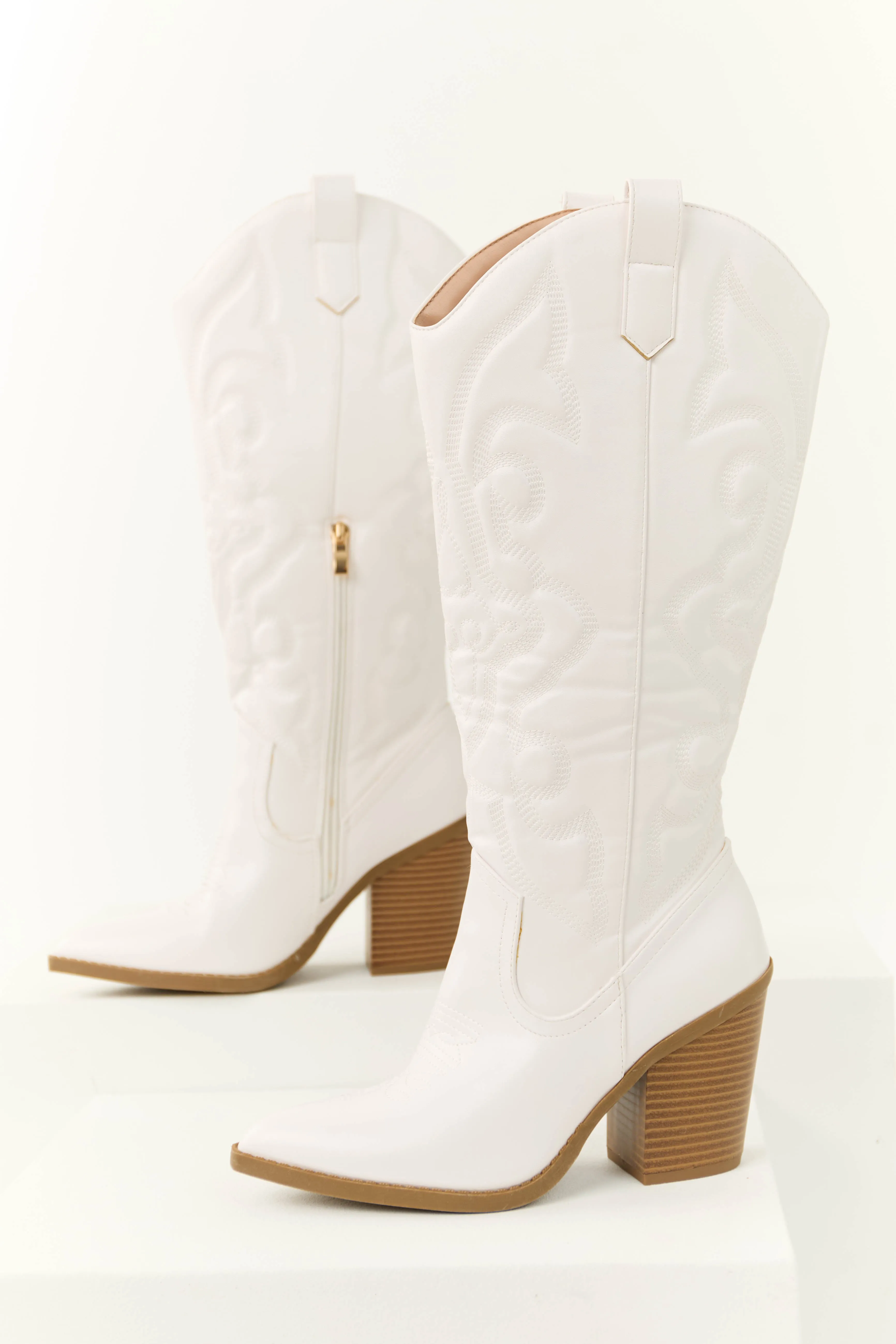 Pearl White Faux Leather Embroidered Western Boots sold by Lime Lush